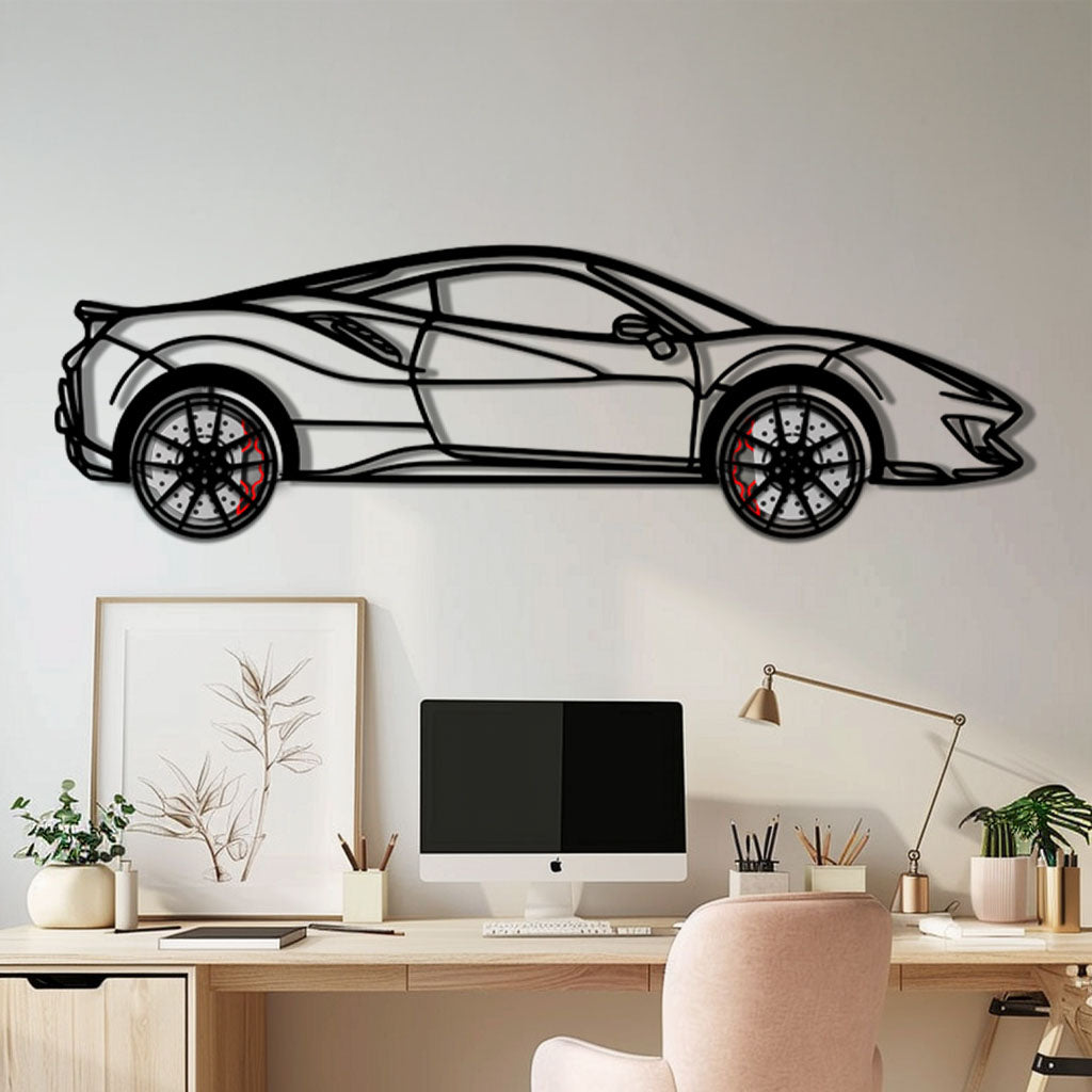 Ferrari 488 Pista Metal Car Wall Art with Rotating Wheels - Track-Focused Italian V8 Silhouette - Interactive Automotive Wall Decor - KAFMEKA128 - Tampa Home & Garden Store
