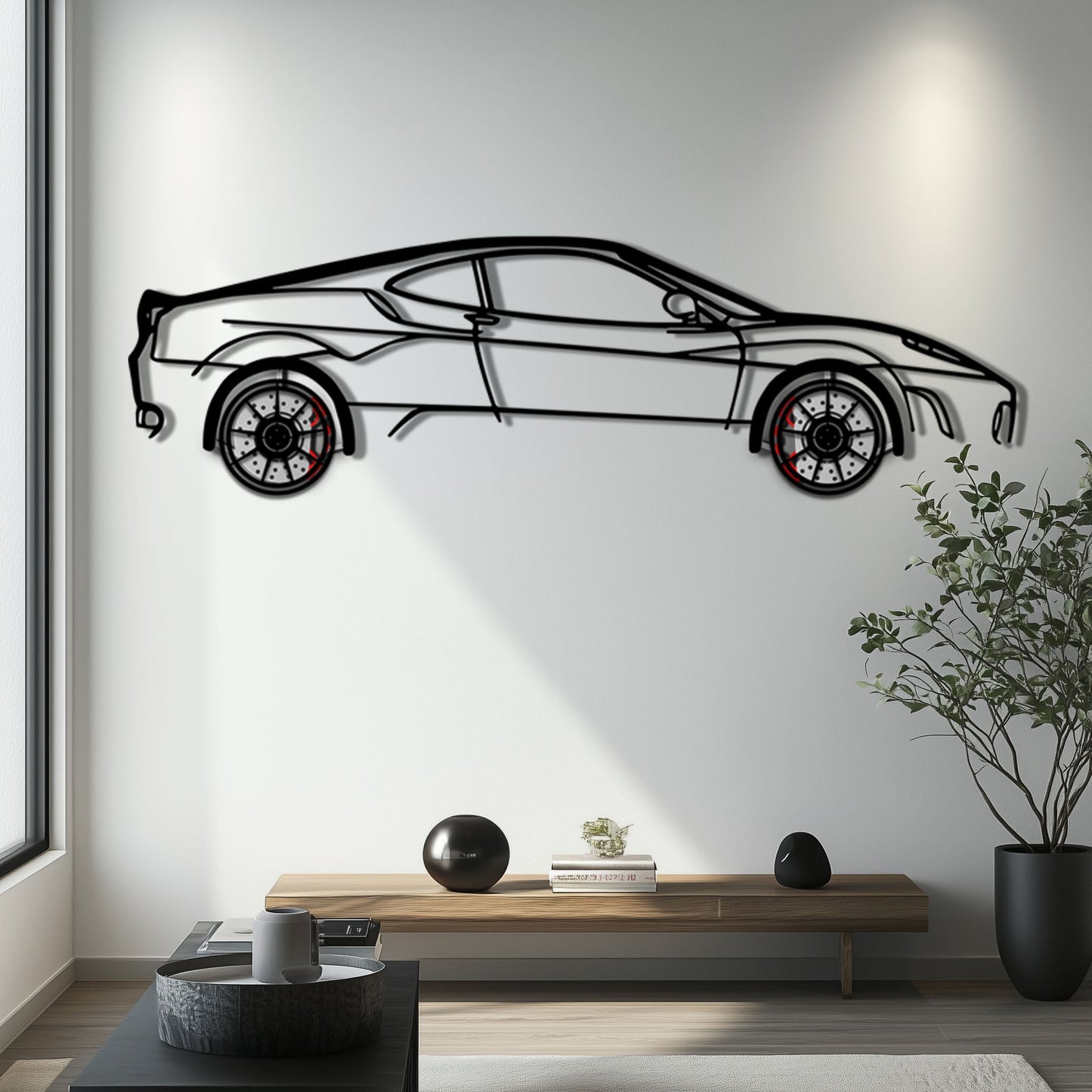 Ferrari F430 Metal Car Wall Art with Rotating Wheels - Italian V8 Supercar Silhouette - Interactive Automotive Wall Decor - KAFMEKA132 - Tampa Home & Garden Store