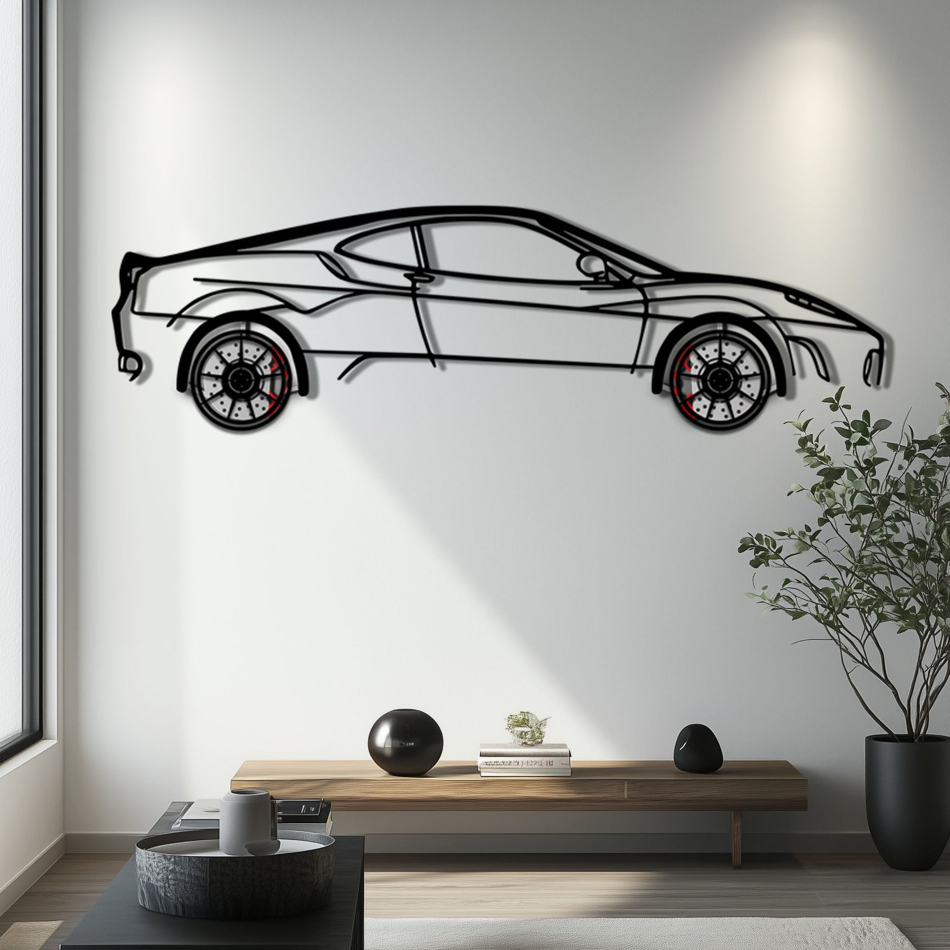 Ferrari F430 Metal Car Wall Art with Rotating Wheels - Italian V8 Supercar Silhouette - Interactive Automotive Wall Decor - KAFMEKA132 - Tampa Home & Garden Store