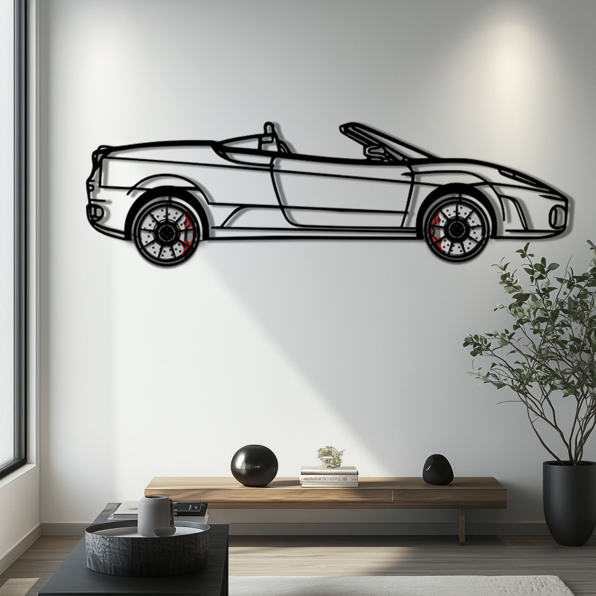 Ferrari F430 Spider Metal Car Wall Art with Rotating Wheels - Italian Convertible Supercar Silhouette - Interactive Automotive Wall Decor - KAFMEKA134 - Tampa Home & Garden Store