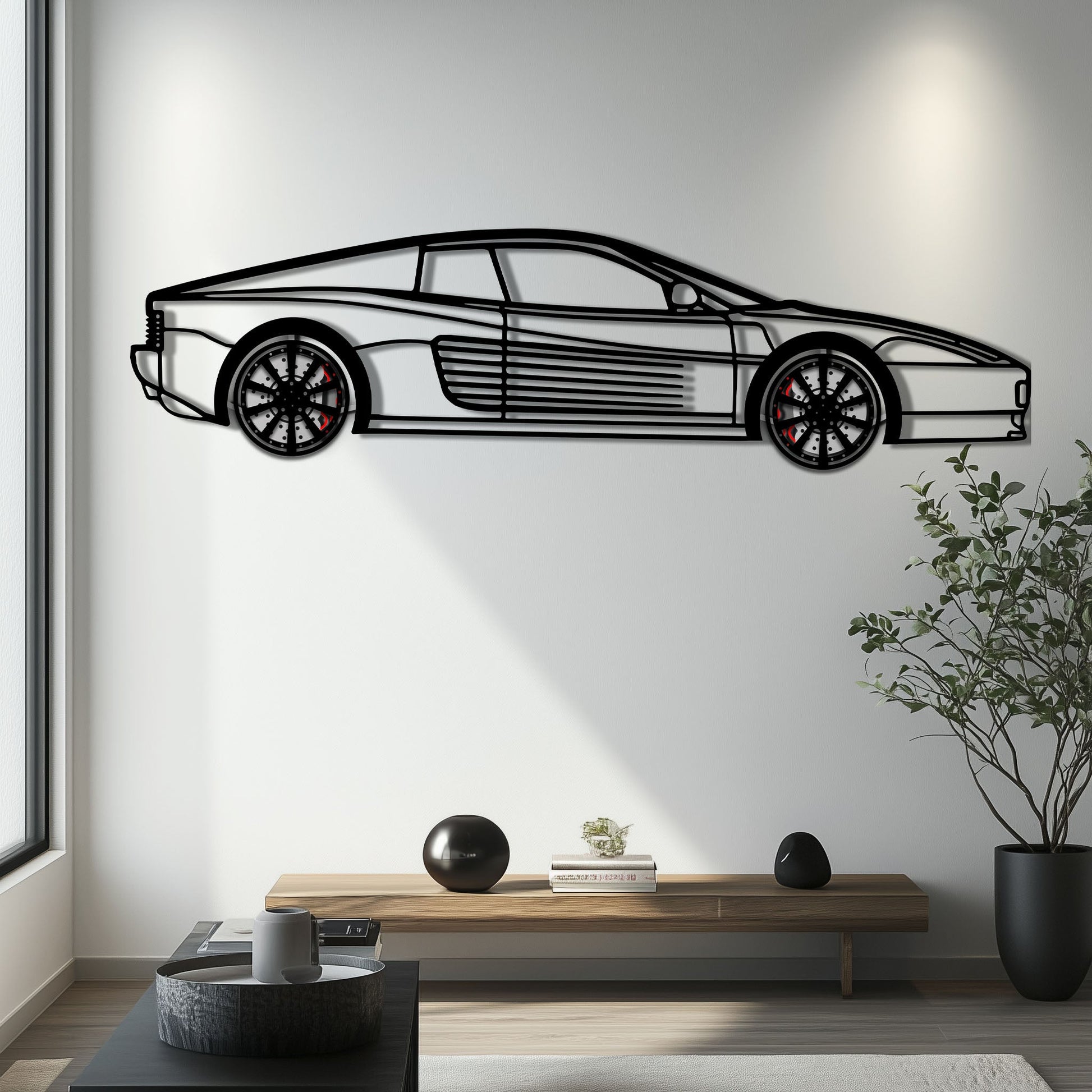 Ferrari Testarossa Metal Car Wall Art with Rotating Wheels - Iconic 80s Supercar Silhouette - Interactive Retro Automotive Decor - KAFMEKA136 - Tampa Home & Garden Store