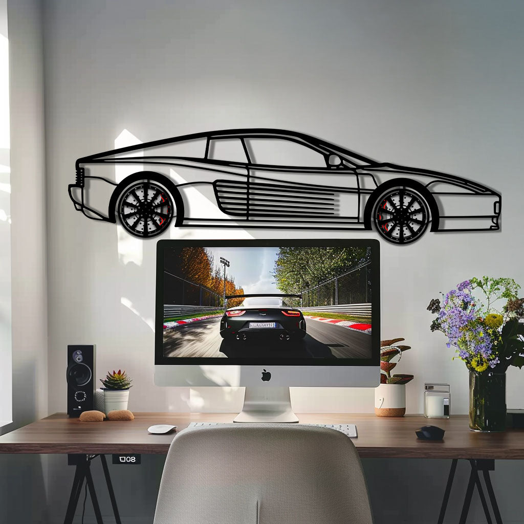 Ferrari Testarossa Metal Car Wall Art with Rotating Wheels - Iconic 80s Supercar Silhouette - Interactive Retro Automotive Decor - KAFMEKA136 - Tampa Home & Garden Store