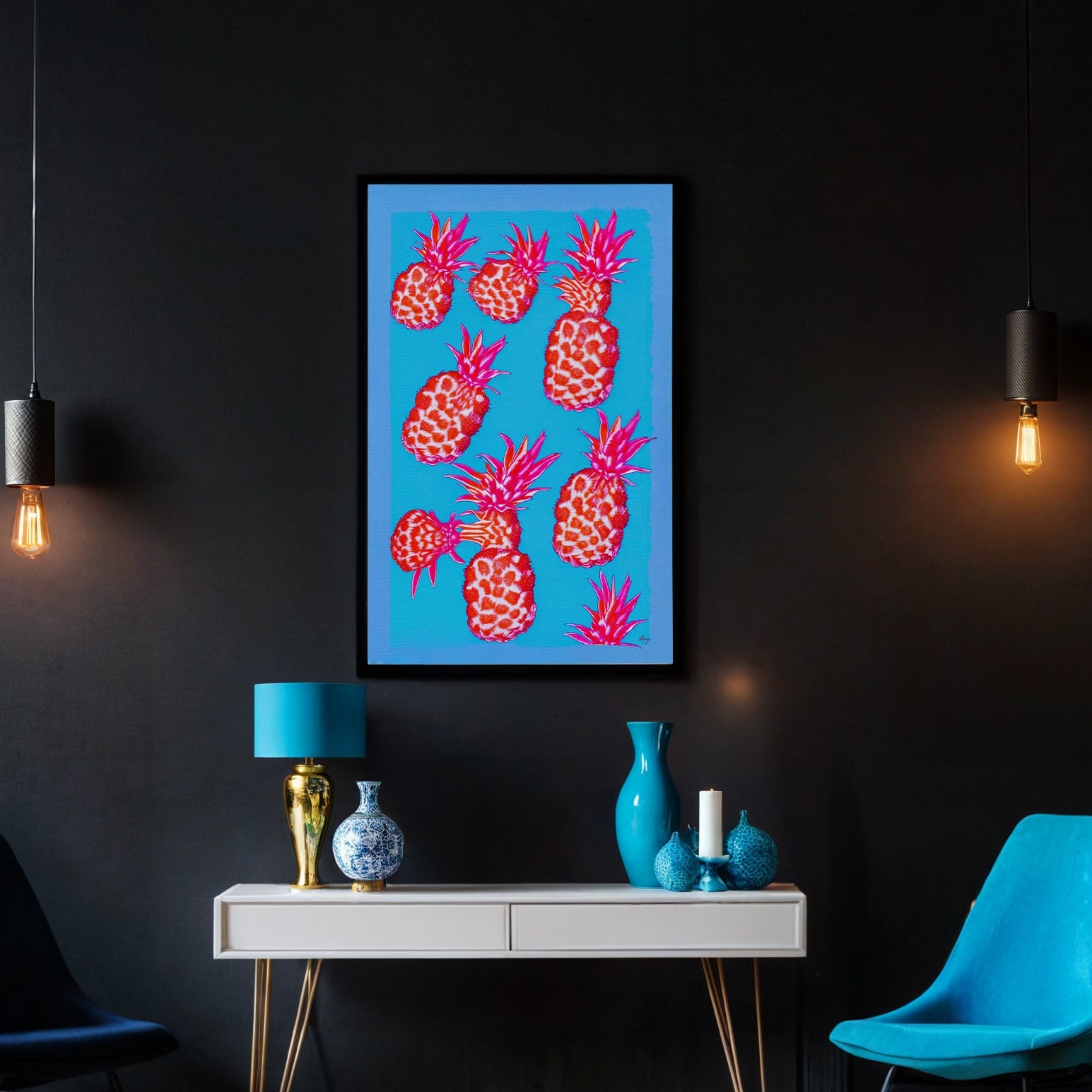 Canvas Print Fever Piña by Tailored Canvases, pink pineapples on blue, black frame on Tampa Home & Garden Store