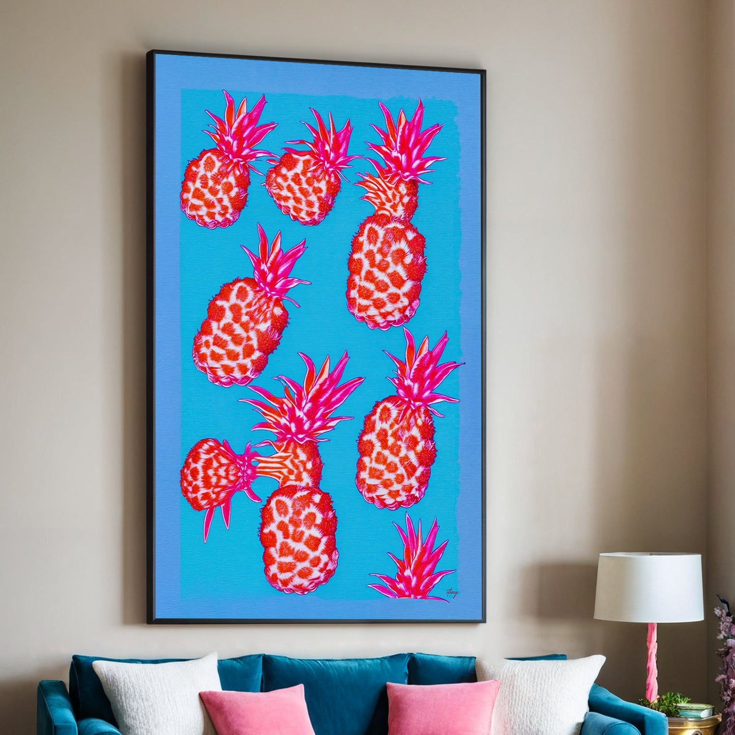 Canvas Print Fever Piña by Tailored Canvases, pink pineapples on turquoise backdrop in black frame on Tampa Home & Garden Store