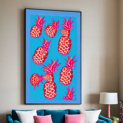 Canvas Print Fever Piña by Tailored Canvases, pink pineapples on turquoise backdrop in black frame on Tampa Home & Garden Store