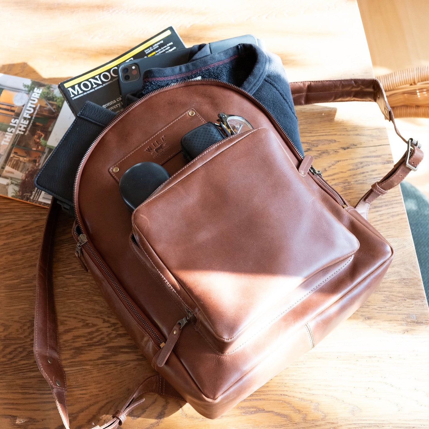 The Field Backpack by Will Leather Goods, brown leather backpack with front zip pocket on Tampa Home & Garden Store