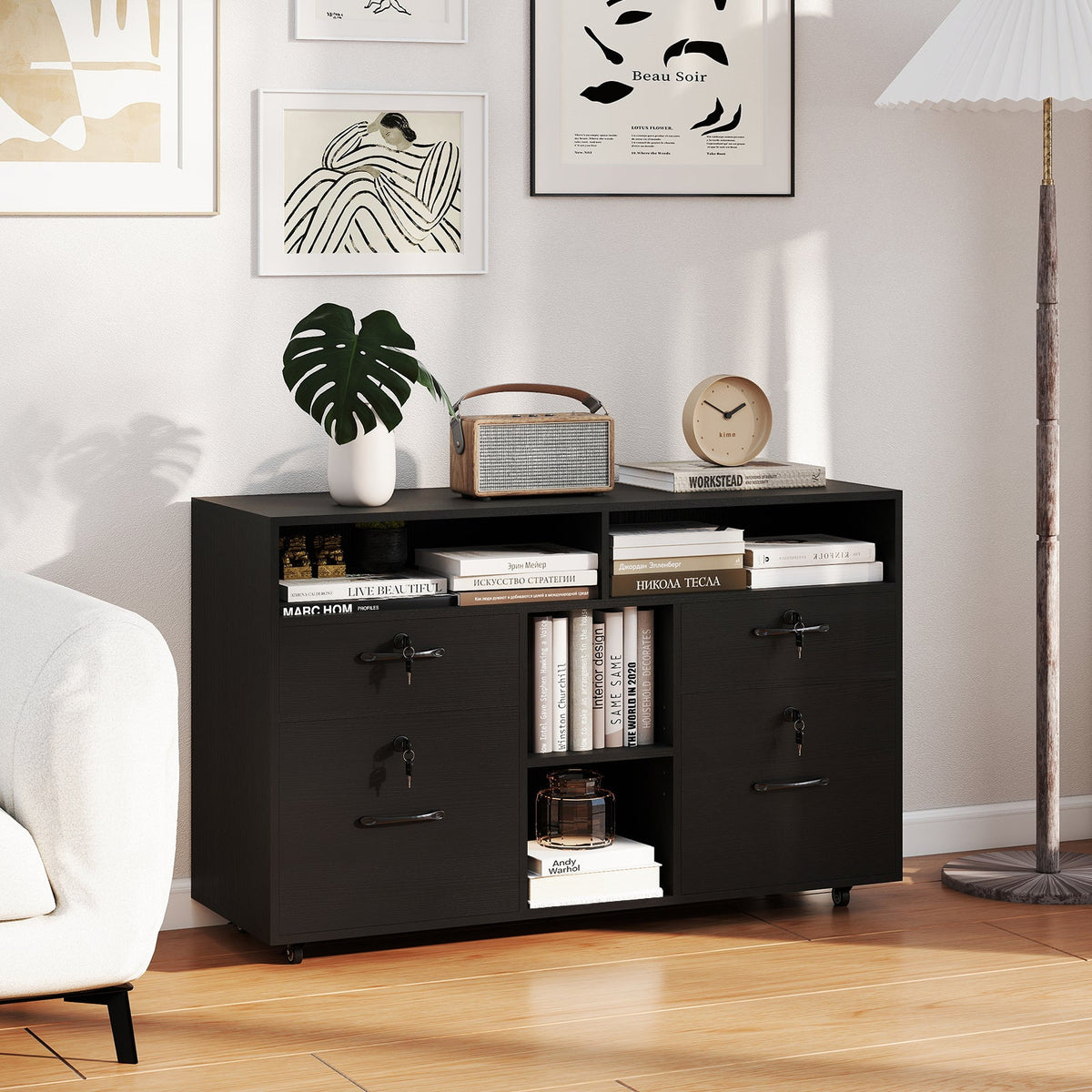 File cabinet with lock mobile lateral filing storage organizer, black wood finish on Tampa Home & Garden Store