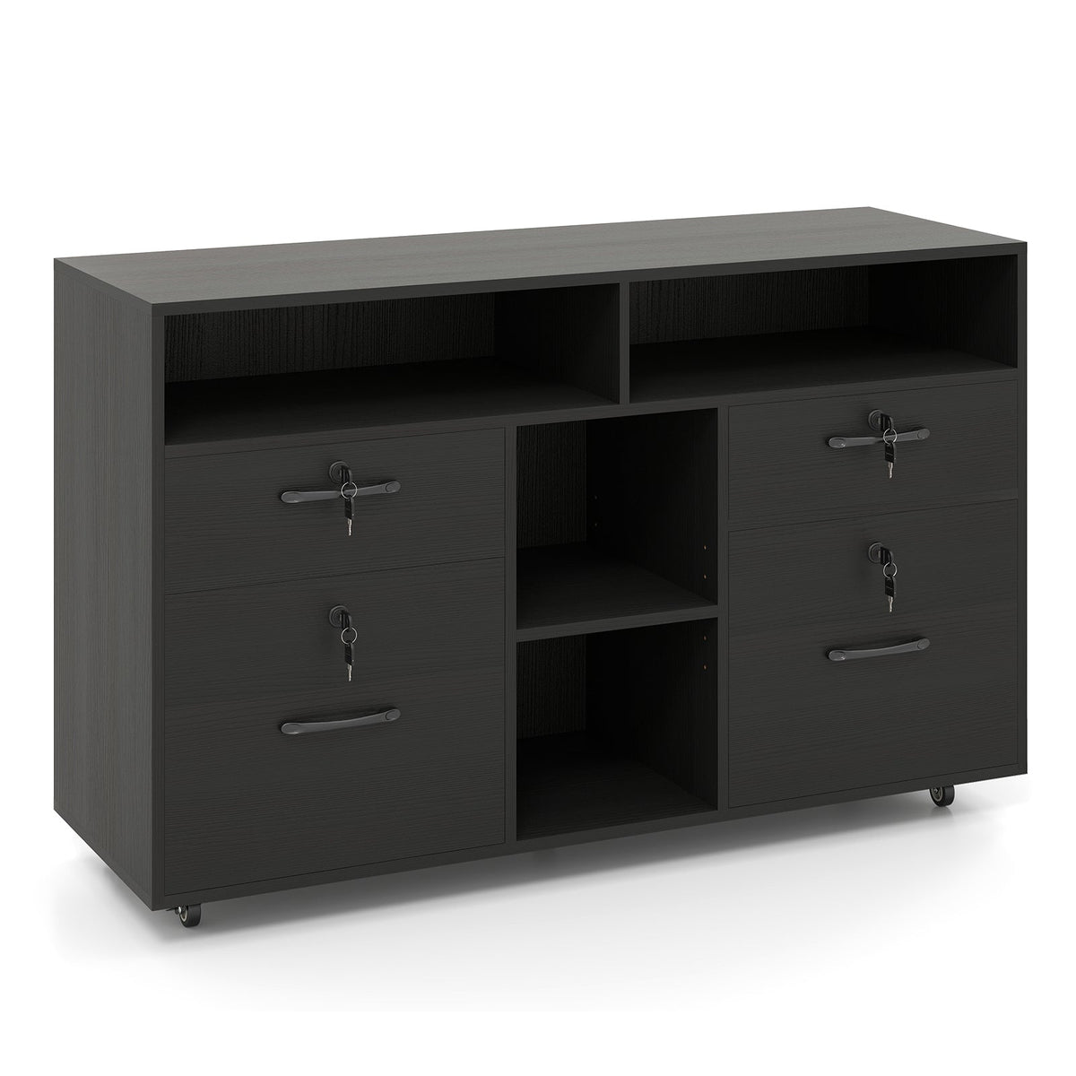 File cabinet with lock, black mobile lateral filing storage with cubbies and lockable drawers on Tampa Home & Garden Store