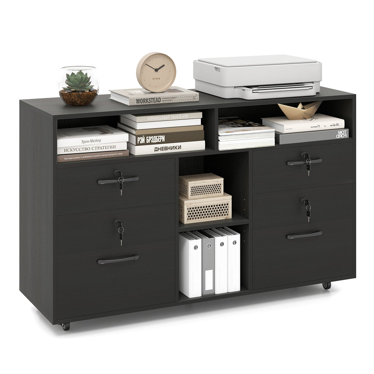 File cabinet with lock by DirectDeals, black wood finish, mobile rolling printer stand on Tampa Home & Garden Store