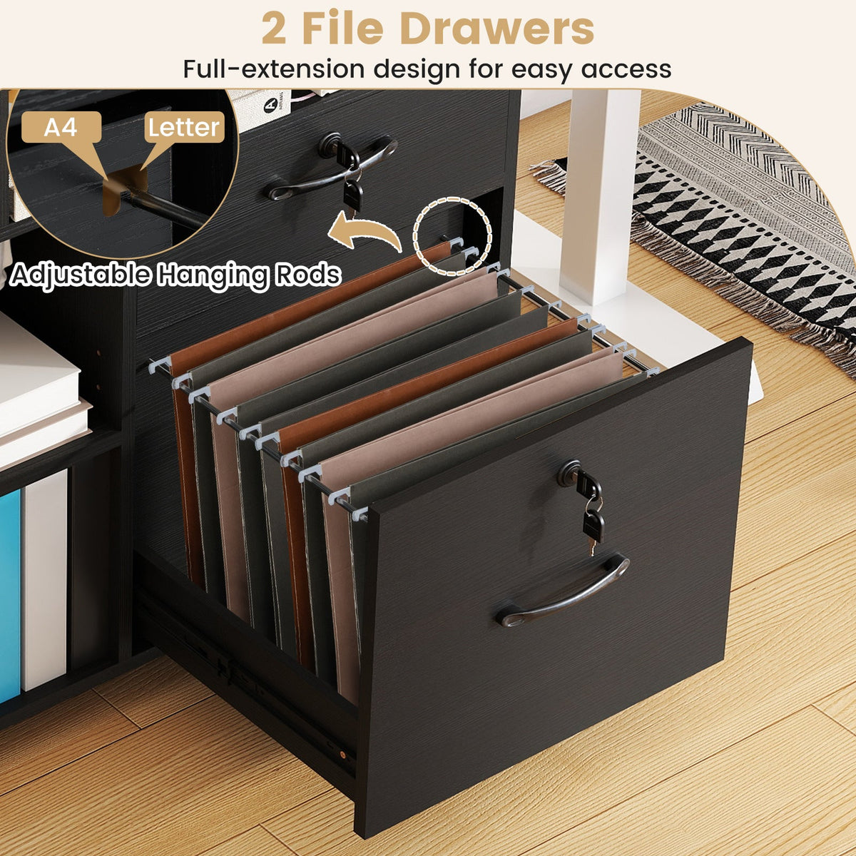 DirectDeals file cabinet with lock, 2 drawers, black wood finish, rolling filing storage on Tampa Home & Garden Store
