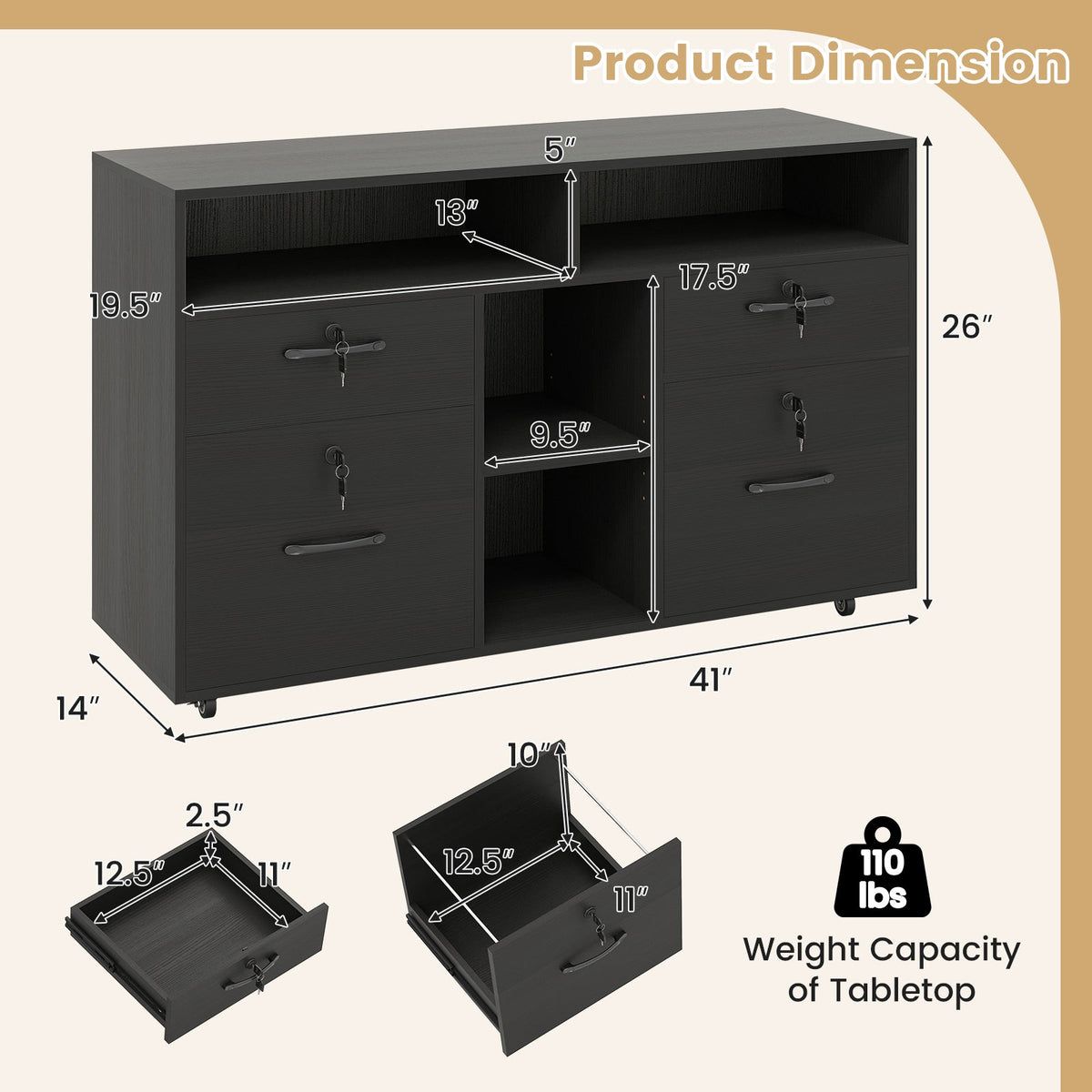 DirectDeals file cabinet with lock, black mobile lateral filing organizer on casters on Tampa Home & Garden Store