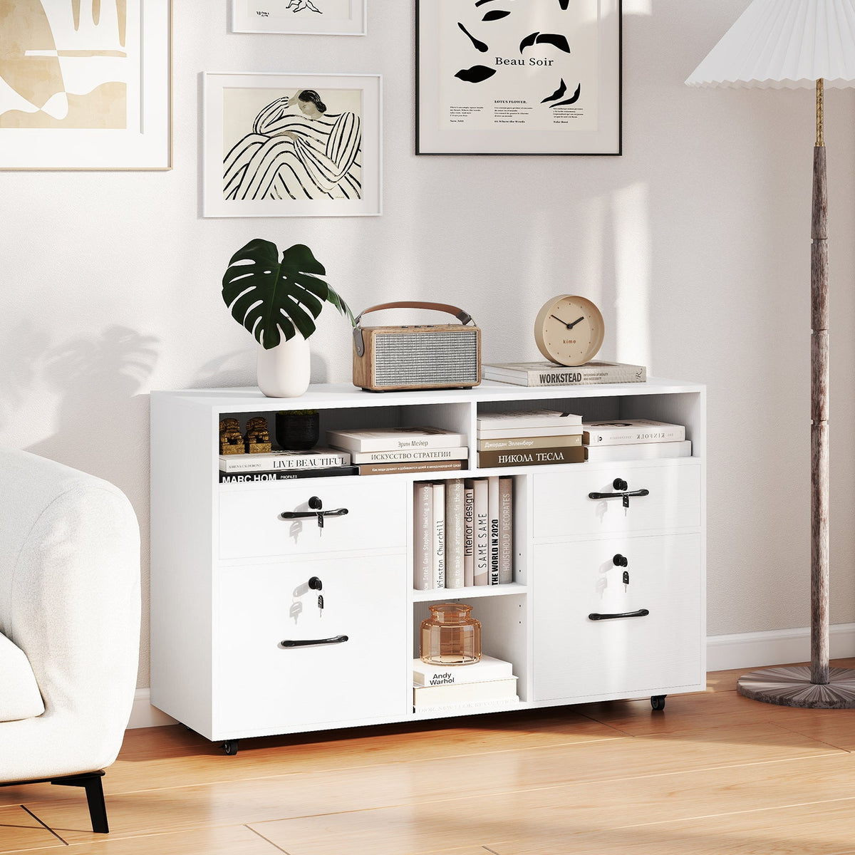 DirectDeals white rolling file cabinet with lock, lateral filing storage on casters on Tampa Home & Garden Store