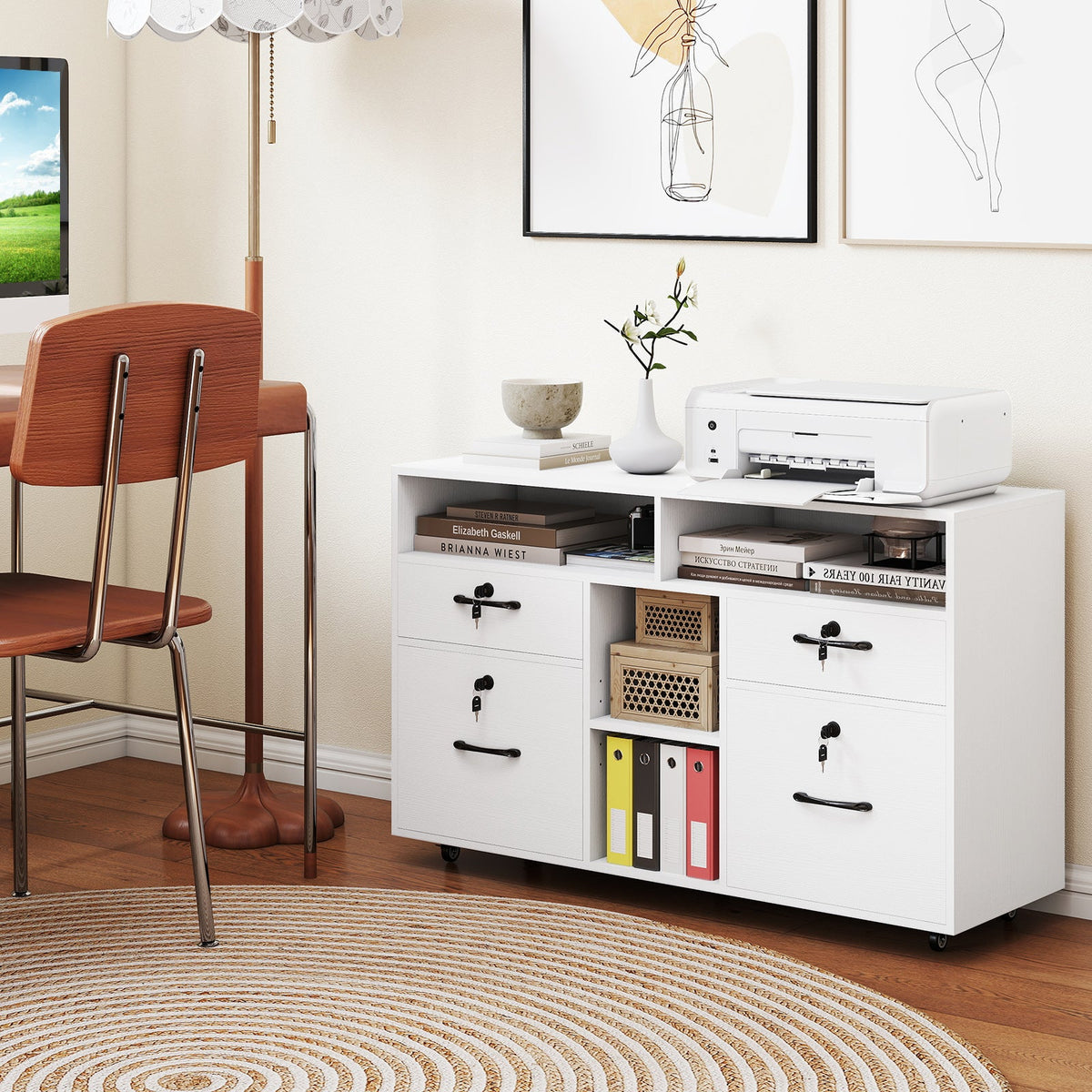 DirectDeals white file cabinet with lock rolling lateral filing storage and printer stand on Tampa Home & Garden Store