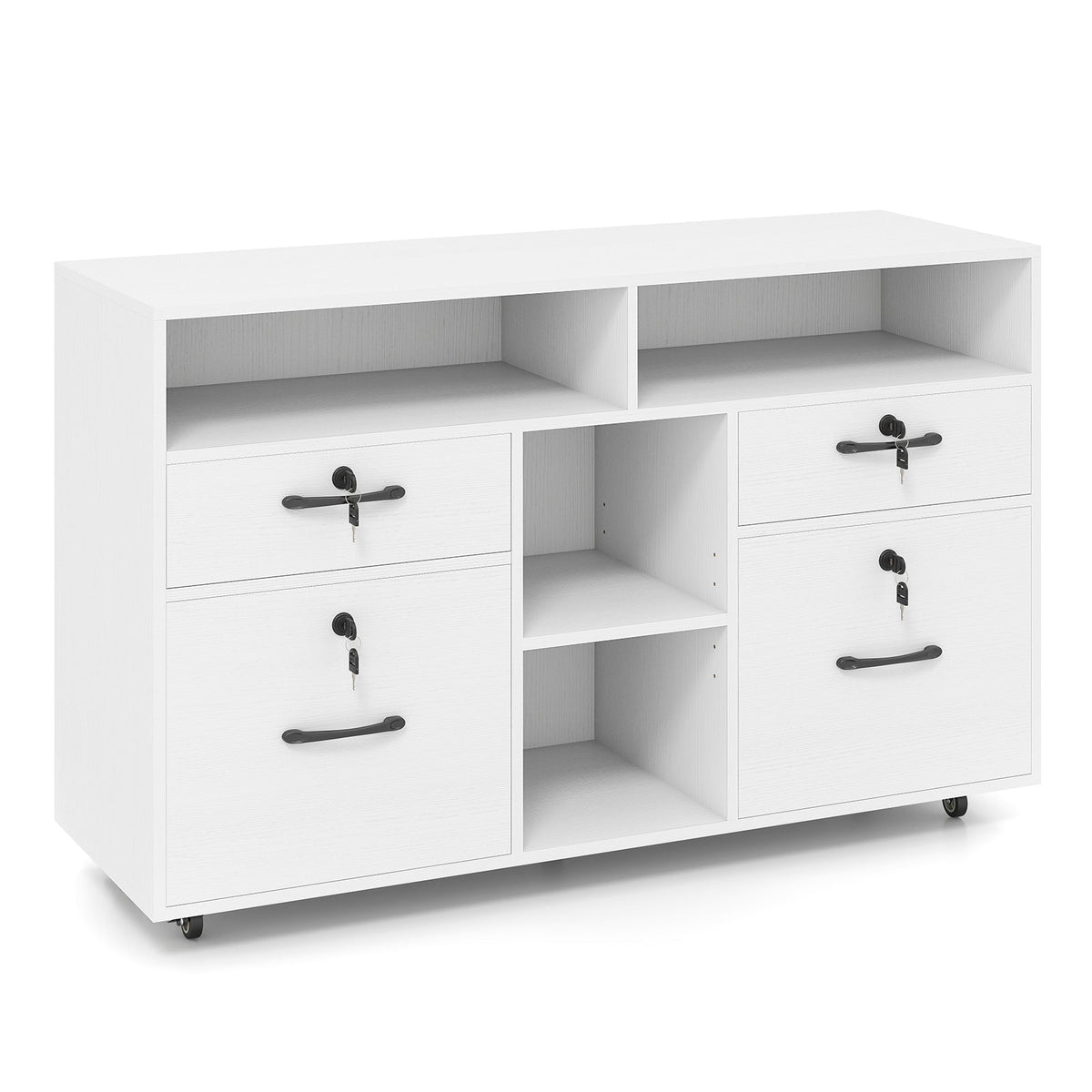 White file cabinet with lockable drawers, open cubby shelves and rolling casters on Tampa Home & Garden Store