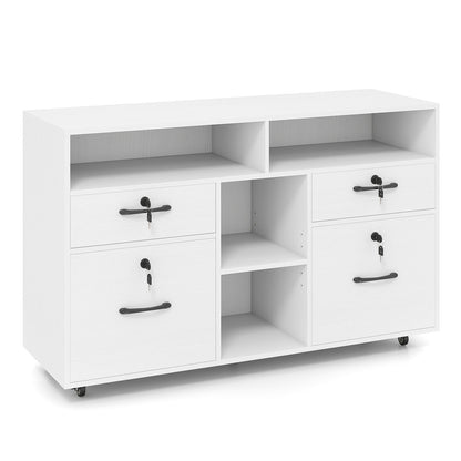 White file cabinet with lockable drawers, open cubby shelves and rolling casters on Tampa Home & Garden Store