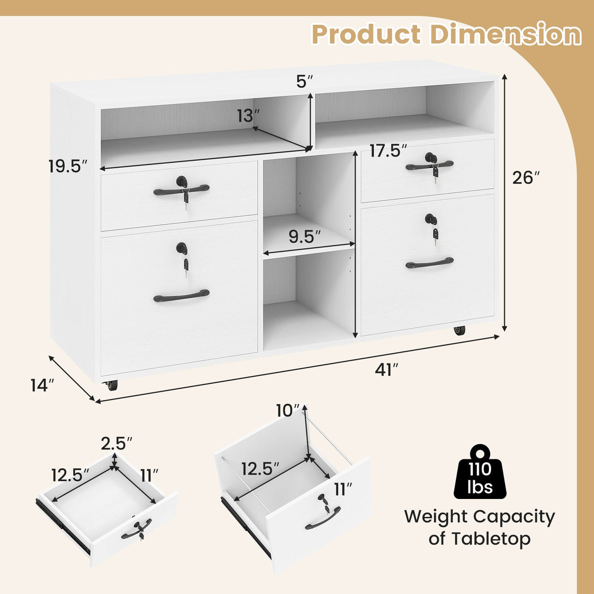 File cabinet with lock DirectDeals white, rolling casters, open center shelf on Tampa Home & Garden Store