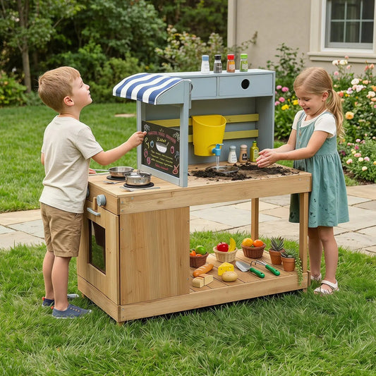 Kids wooden mud kitchen playset with canopy and faucet by DirectDeals, outdoor play kitchen on Tampa Home & Garden Store