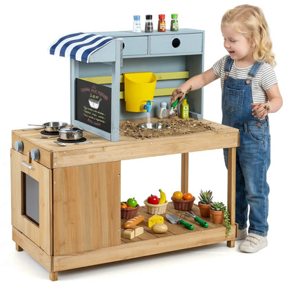 Kids Wooden Mud Kitchen Playset with Canopy