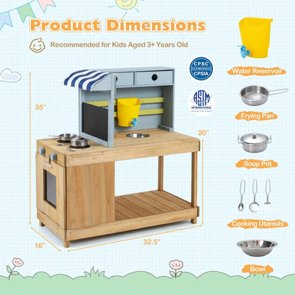 Kids Wooden Mud Kitchen Playset with Canopy