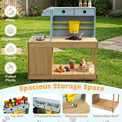 Kids Wooden Mud Kitchen Playset with Canopy