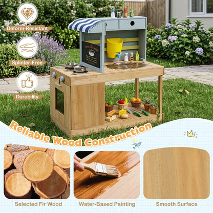 Kids Wooden Mud Kitchen Playset with Canopy