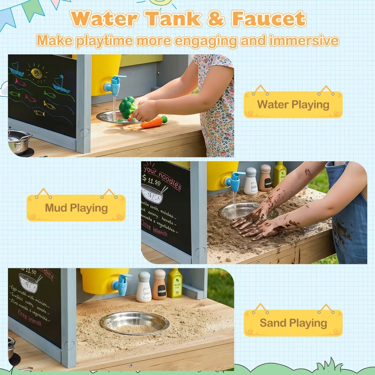 Kids Wooden Mud Kitchen Playset with Canopy
