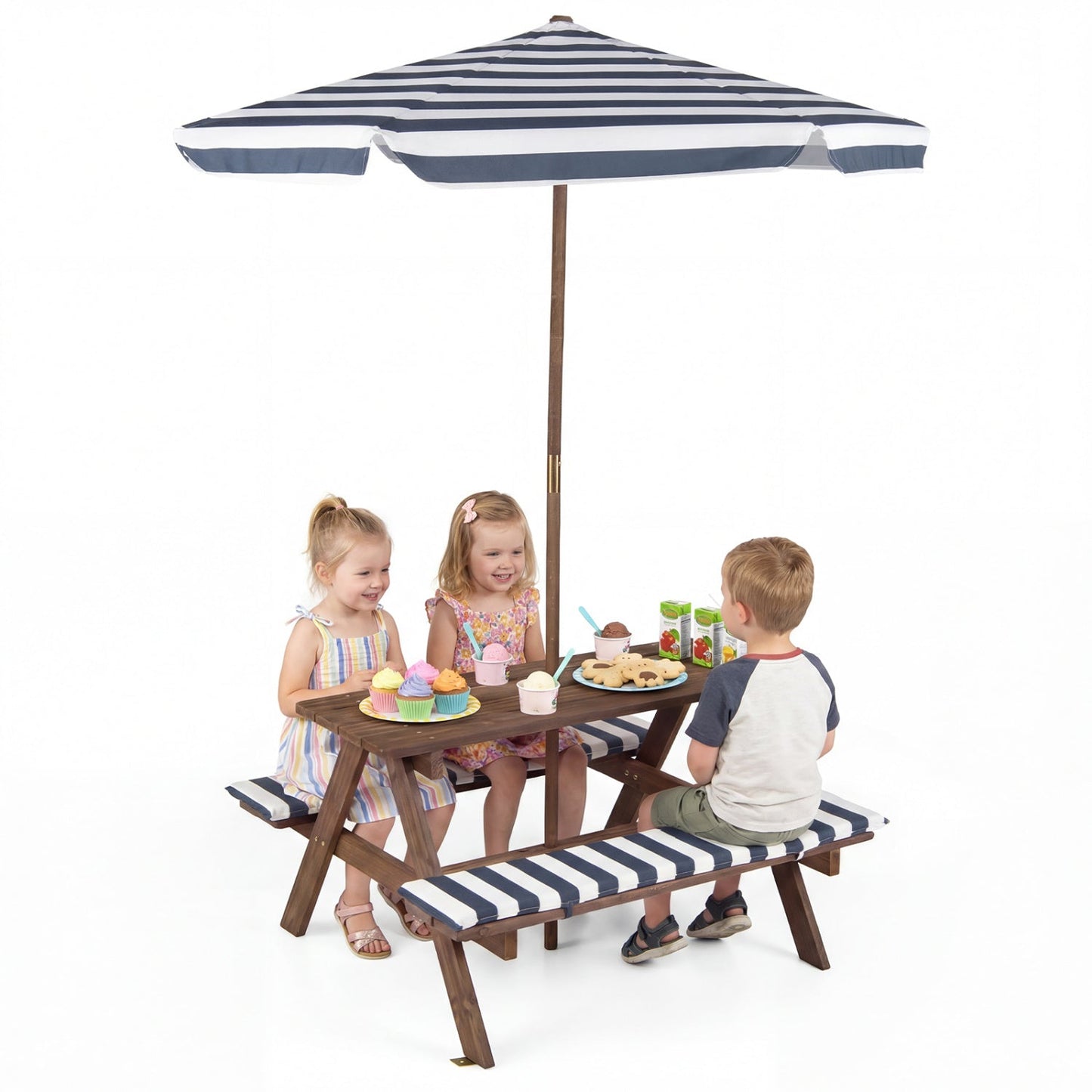 Fir wood kids picnic table with 2 built-in benches, blue-white striped cushions and umbrella DirectDeals on Tampa Home & Garden Store