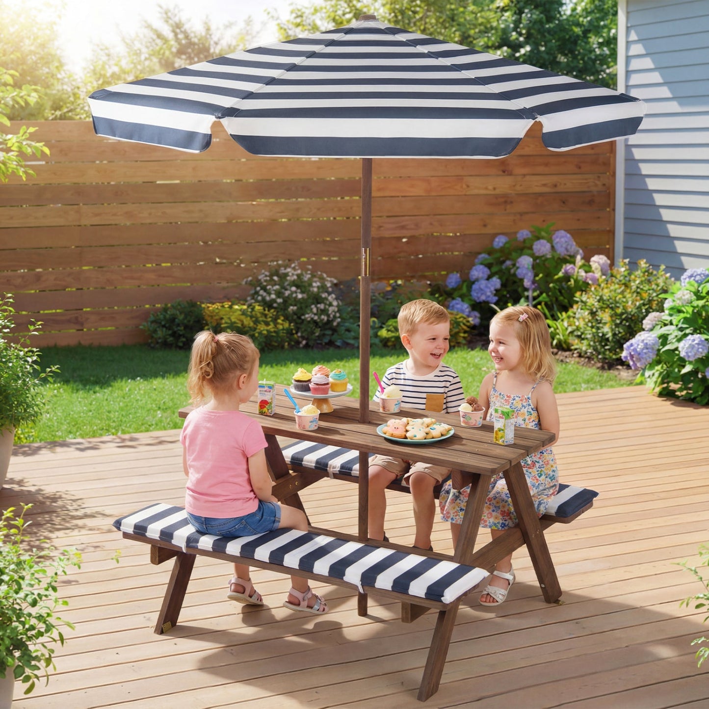 Fir wood kids picnic table with 2 built-in benches and navy white striped umbrella on Tampa Home & Garden Store