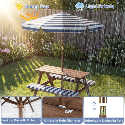 Fir wood kids picnic table with built-in benches and blue-white striped umbrella DirectDeals on Tampa Home & Garden Store