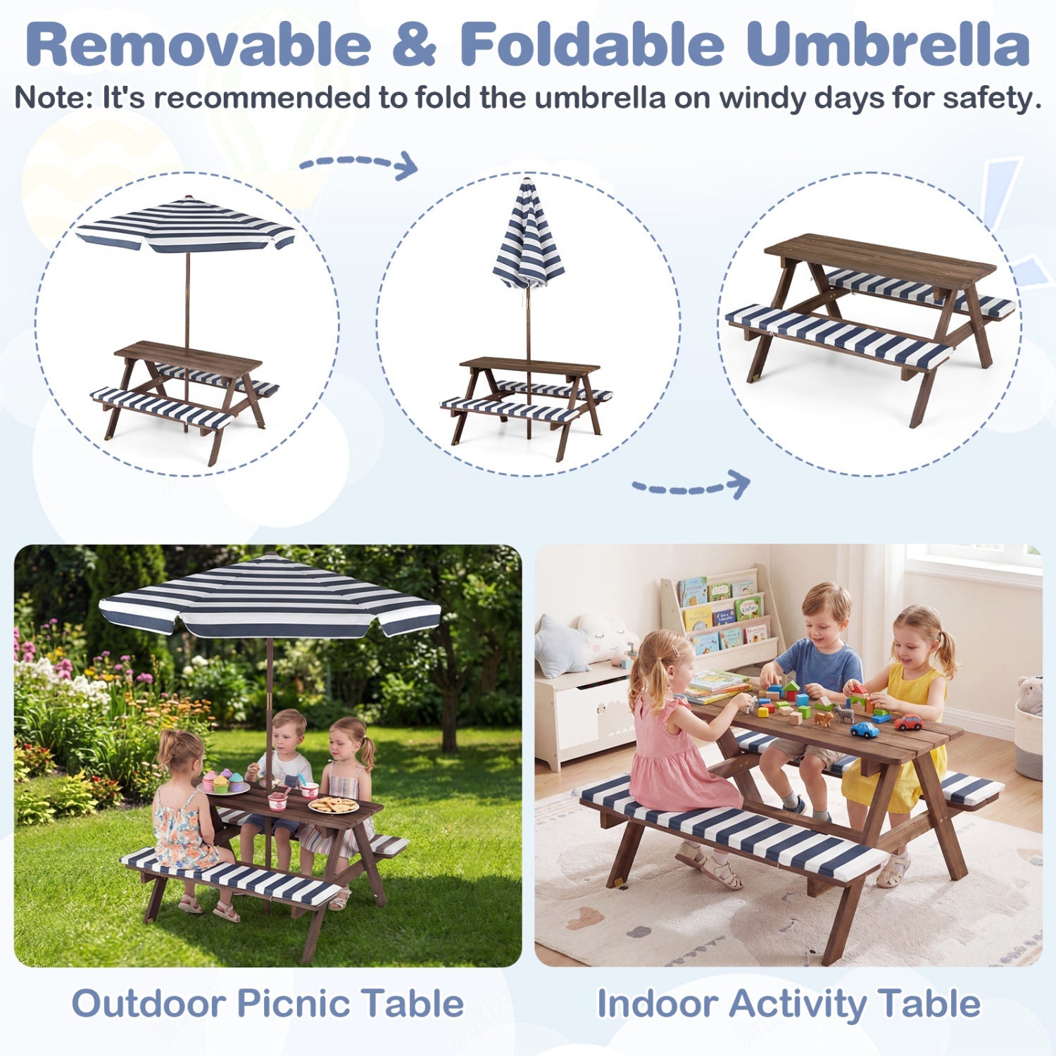Fir wood kids picnic table with 2 built-in benches and striped umbrella; outdoor & indoor uses on Tampa Home & Garden Store
