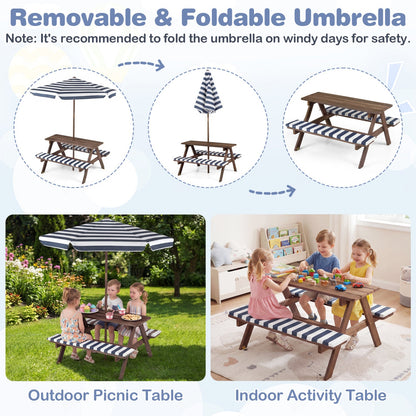 Fir wood kids picnic table with 2 built-in benches and striped umbrella; outdoor & indoor uses on Tampa Home & Garden Store