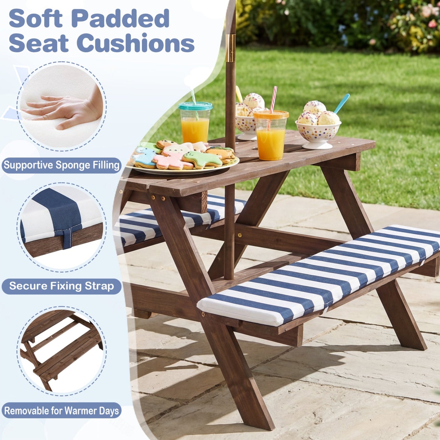 Fir wood kids picnic table with built-in benches and blue striped cushions outdoors DirectDeals on Tampa Home & Garden Store