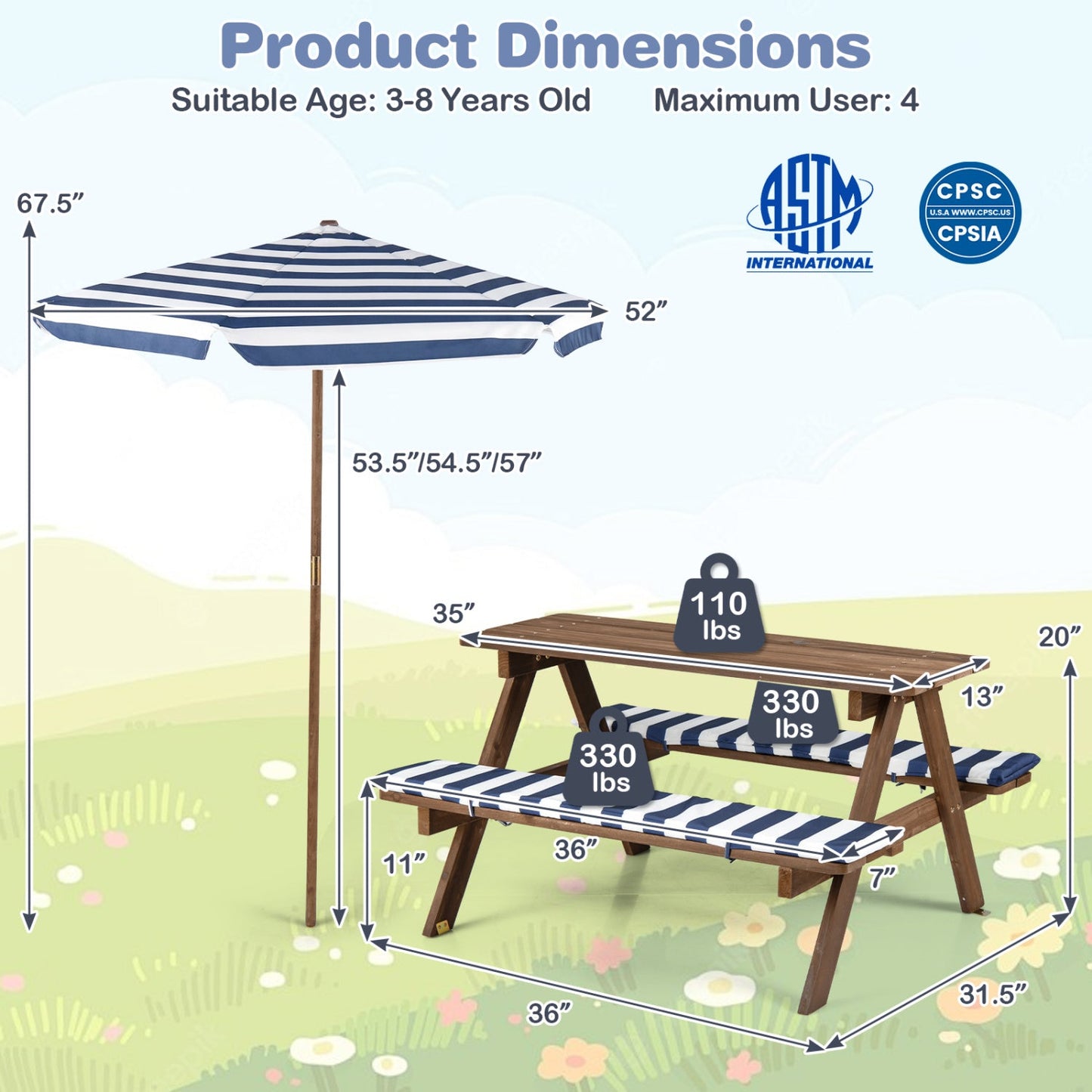 Fir wood kids picnic table with 2 built-in benches and a blue striped umbrella DirectDeals on Tampa Home & Garden Store