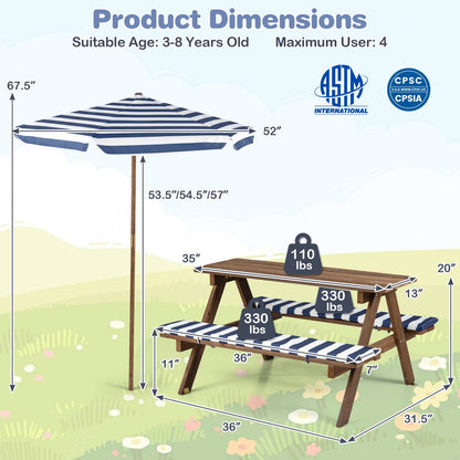 Fir wood kids picnic table with 2 built-in benches and a blue striped umbrella DirectDeals on Tampa Home & Garden Store