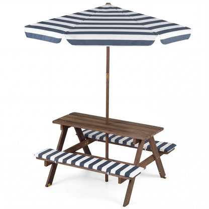Fir wood kids picnic table with 2 built-in benches and striped blue and white umbrella on Tampa Home & Garden Store