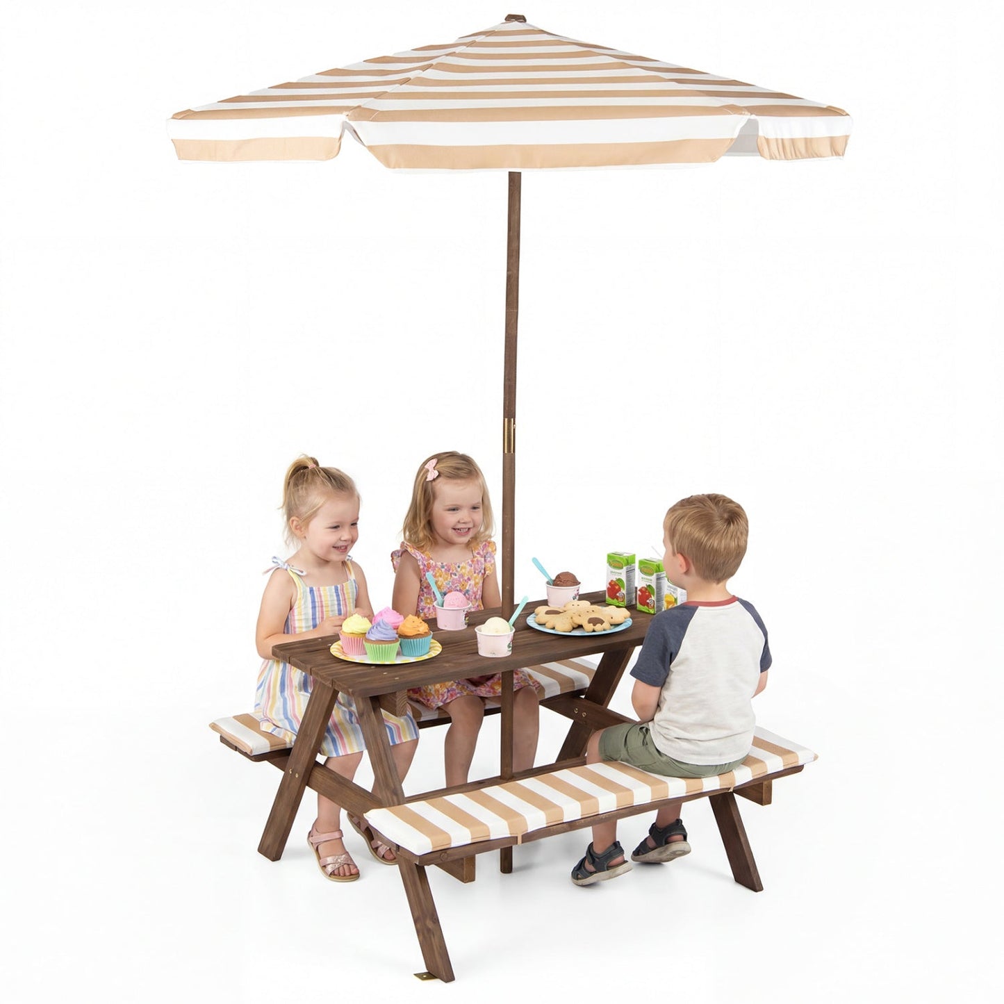 Fir wood kids picnic table with 2 built-in benches, beige striped umbrella and cushions on Tampa Home & Garden Store