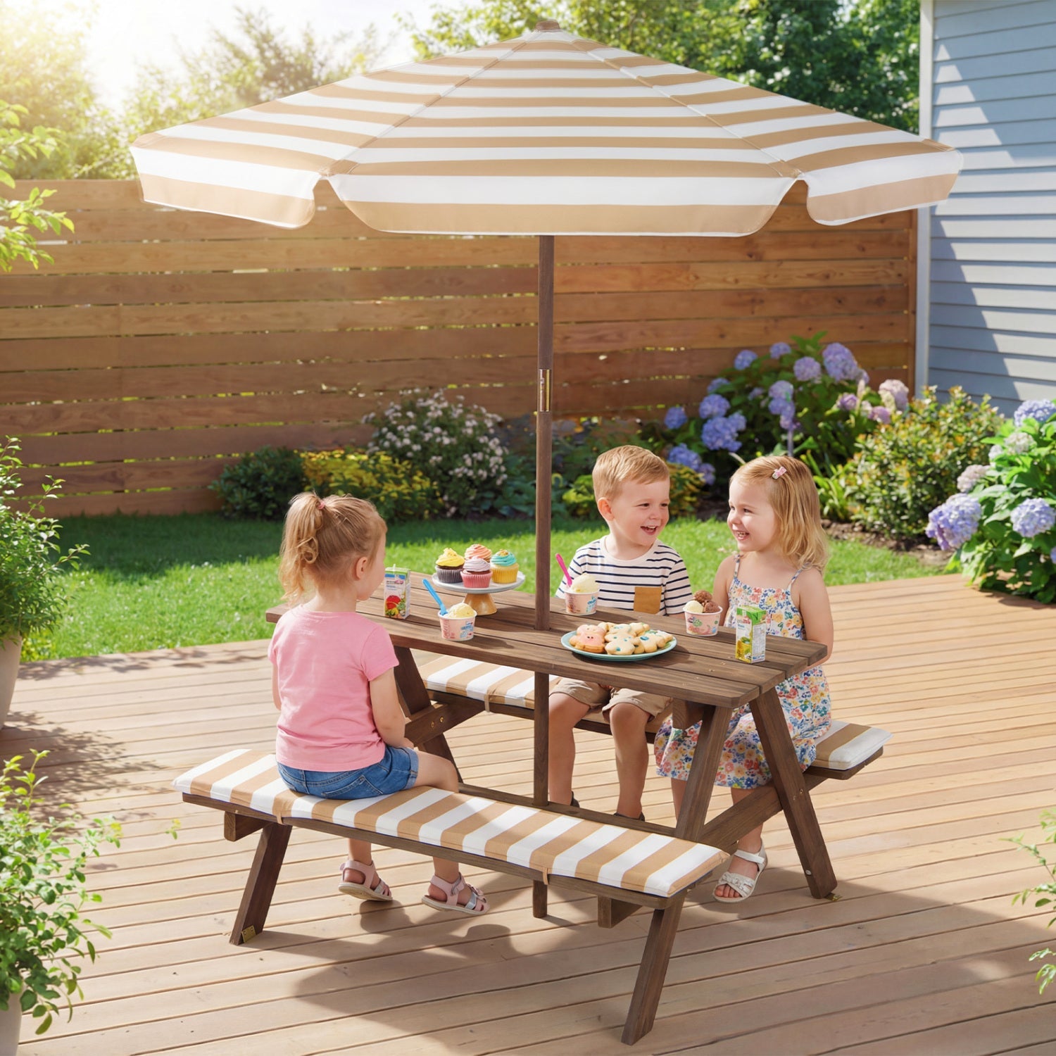 Fir wood kids picnic table with 2 built-in benches and beige striped umbrella on Tampa Home & Garden Store