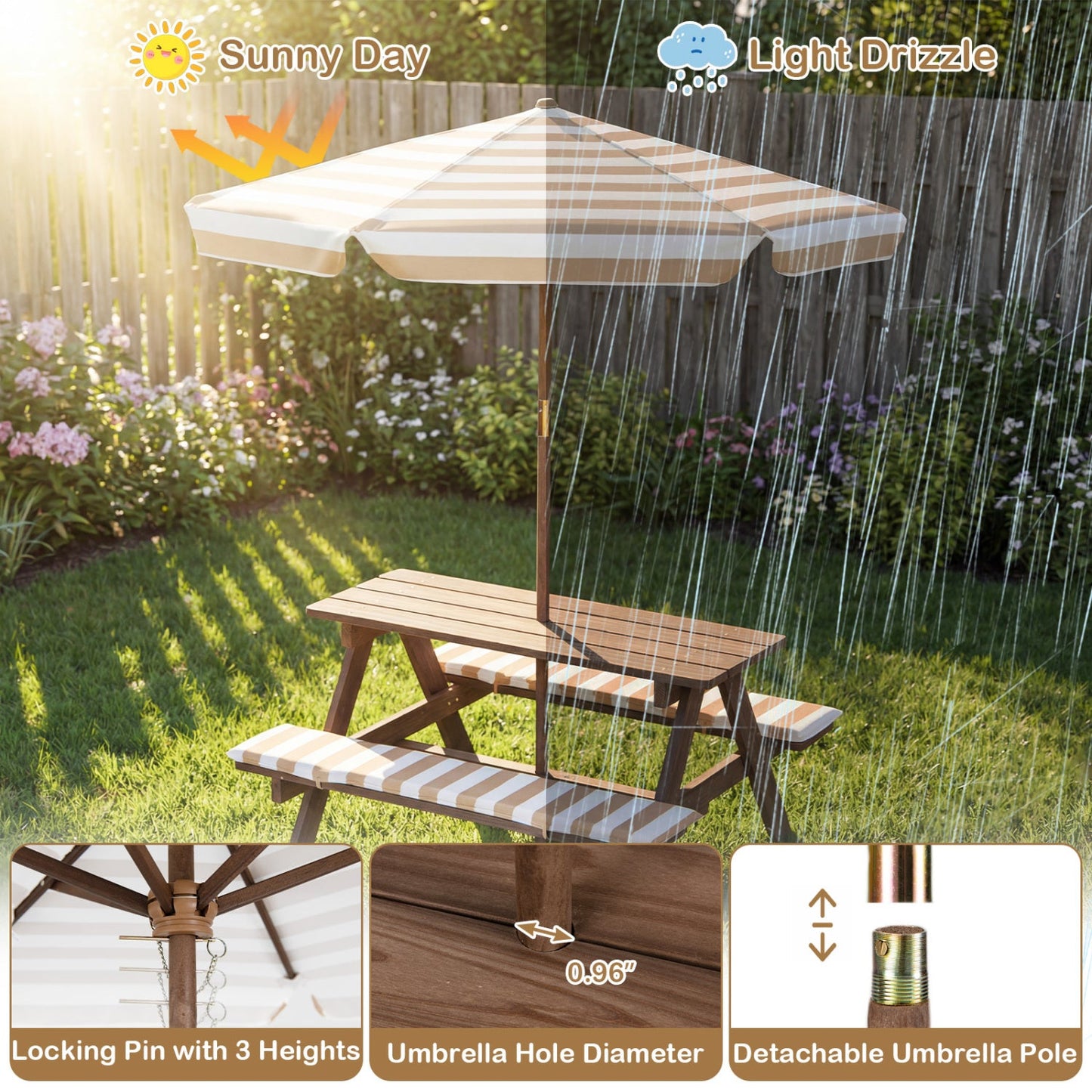 DirectDeals fir wood kids picnic table with 2 built-in benches and beige striped umbrella on Tampa Home & Garden Store