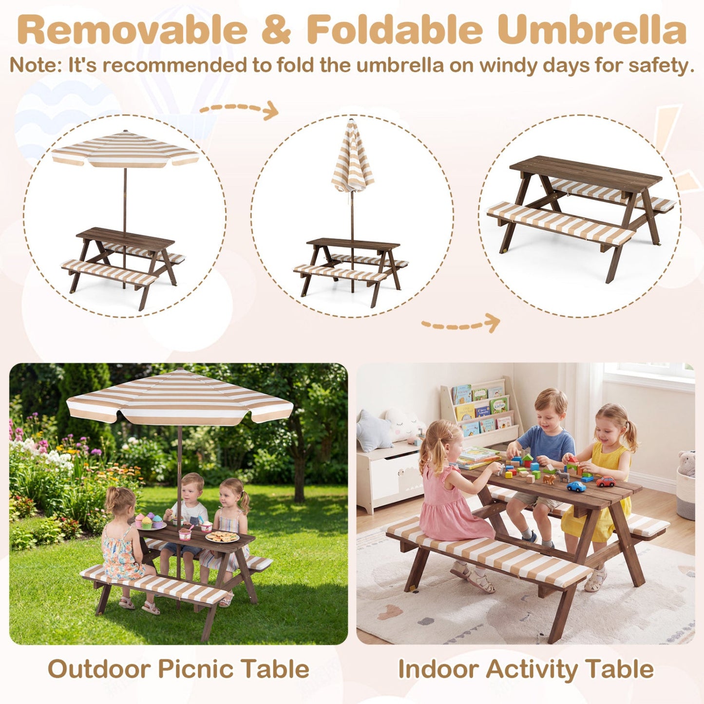 Fir wood kids picnic table with 2 built-in benches and umbrella by DirectDeals on Tampa Home & Garden Store