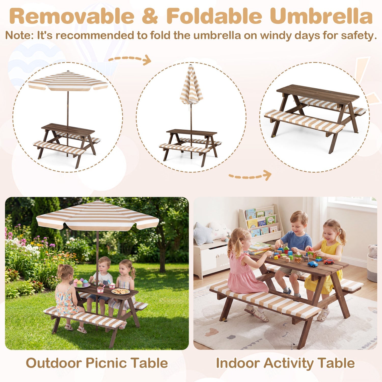 Fir wood kids picnic table with 2 built-in benches and umbrella by DirectDeals on Tampa Home & Garden Store