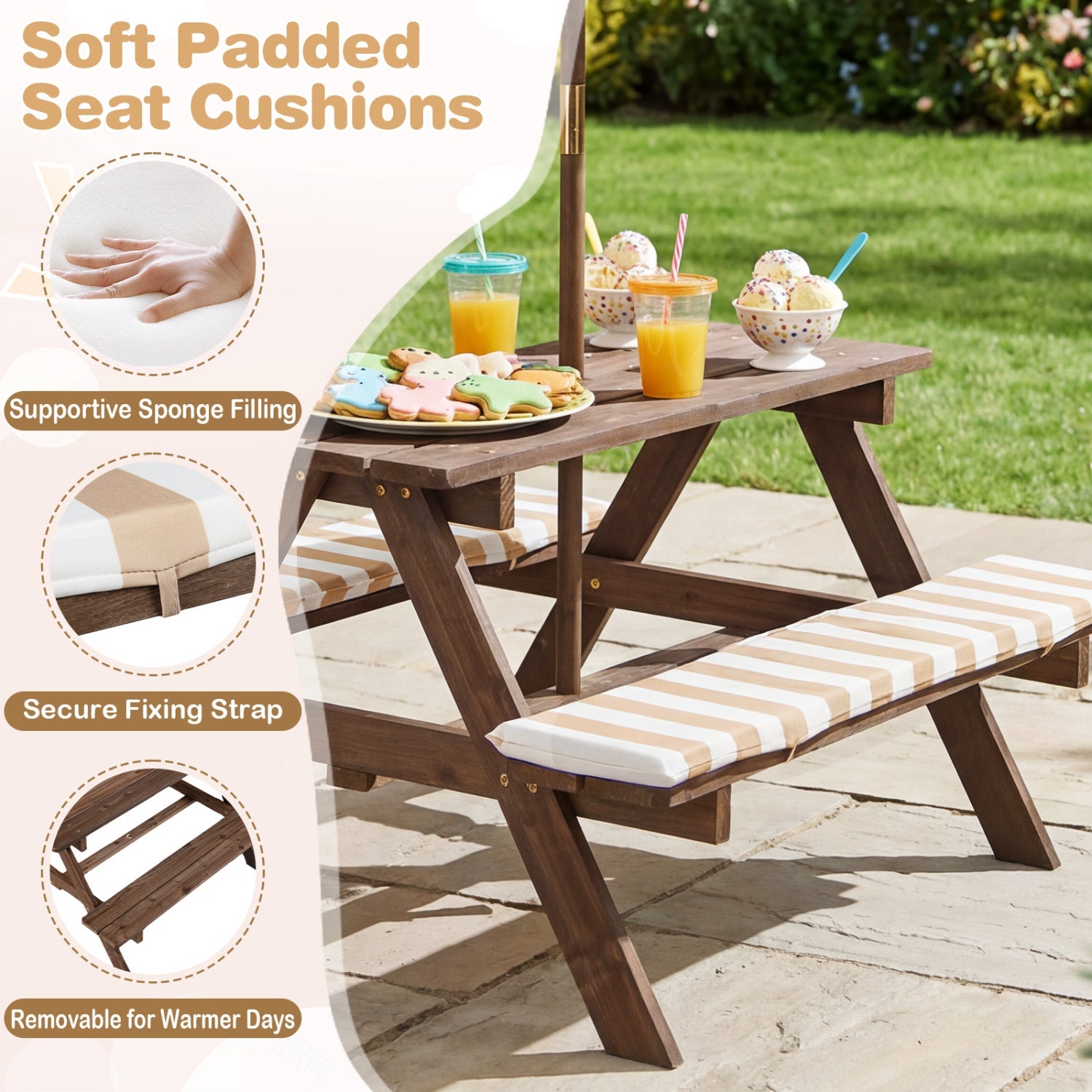 Fir wood kids picnic table with 2 built-in benches and umbrella, dark brown finish on Tampa Home & Garden Store
