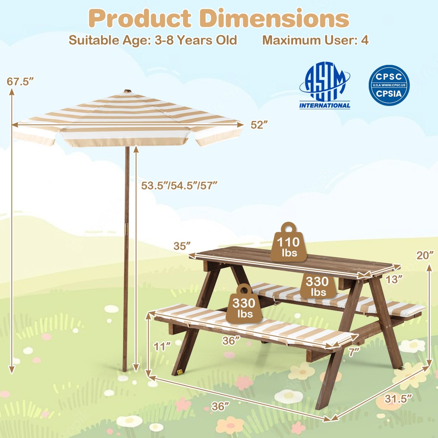 Fir wood kids picnic table with 2 built-in benches and umbrella DirectDeals on Tampa Home & Garden Store