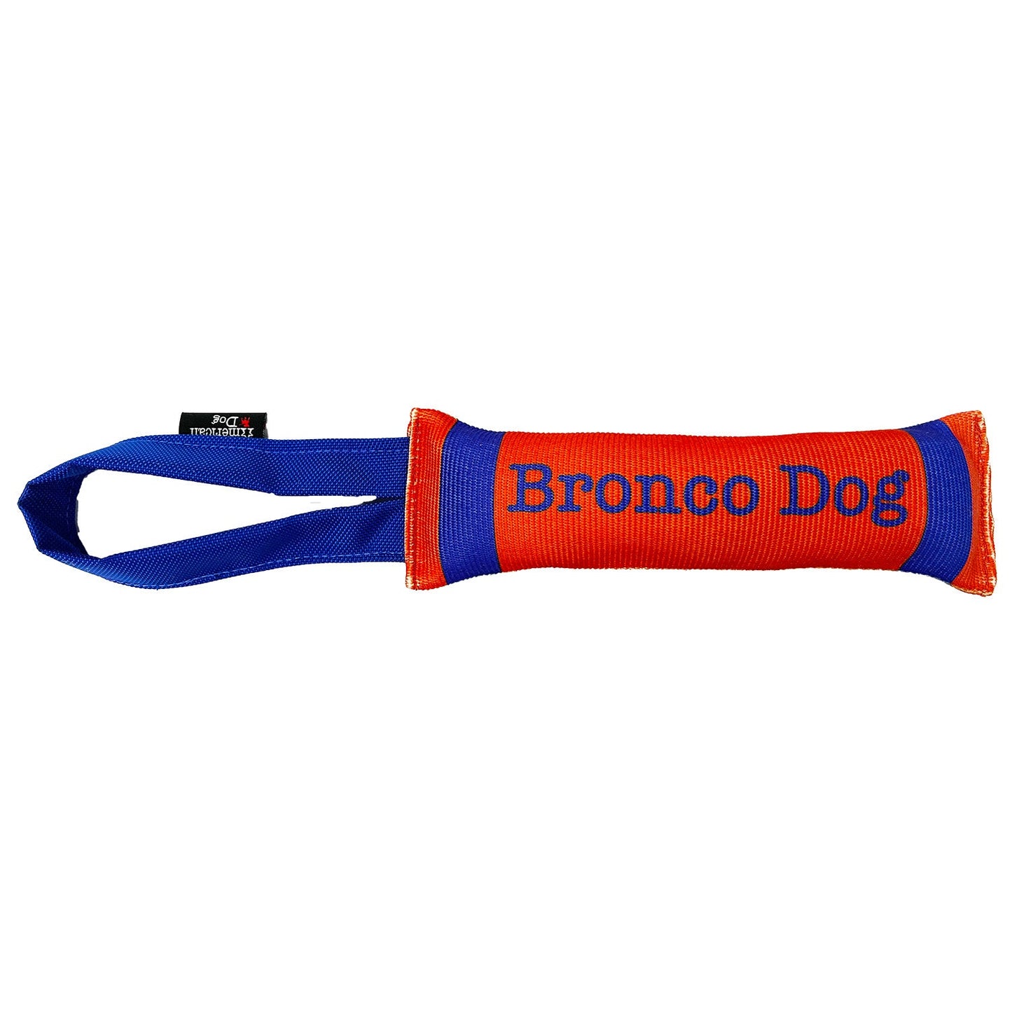 Fire Hose Dog Toy Tugs by American Dog, red-orange Bronco Dog hose body with blue handle on Tampa Home & Garden Store