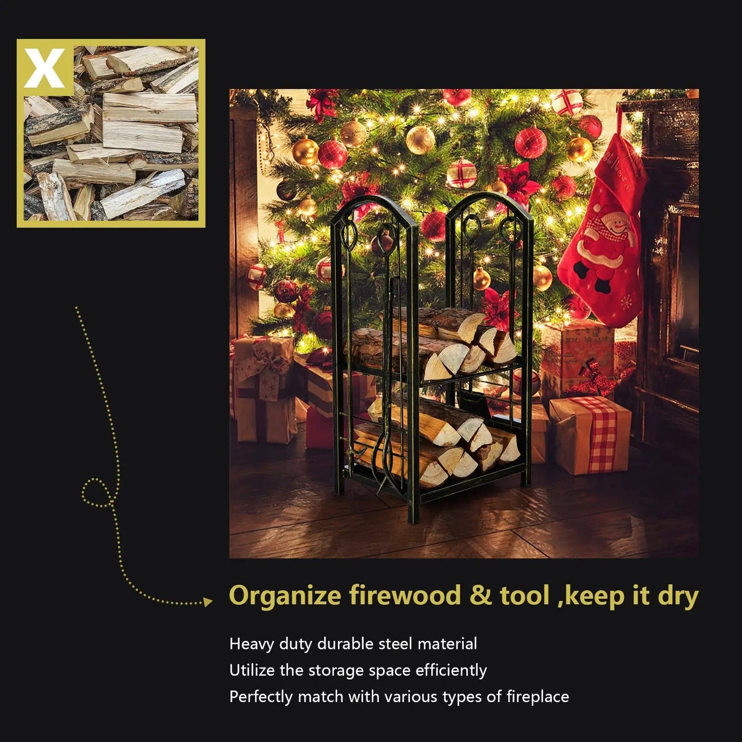 Fireplace Log Rack With Tools Set For Fireside