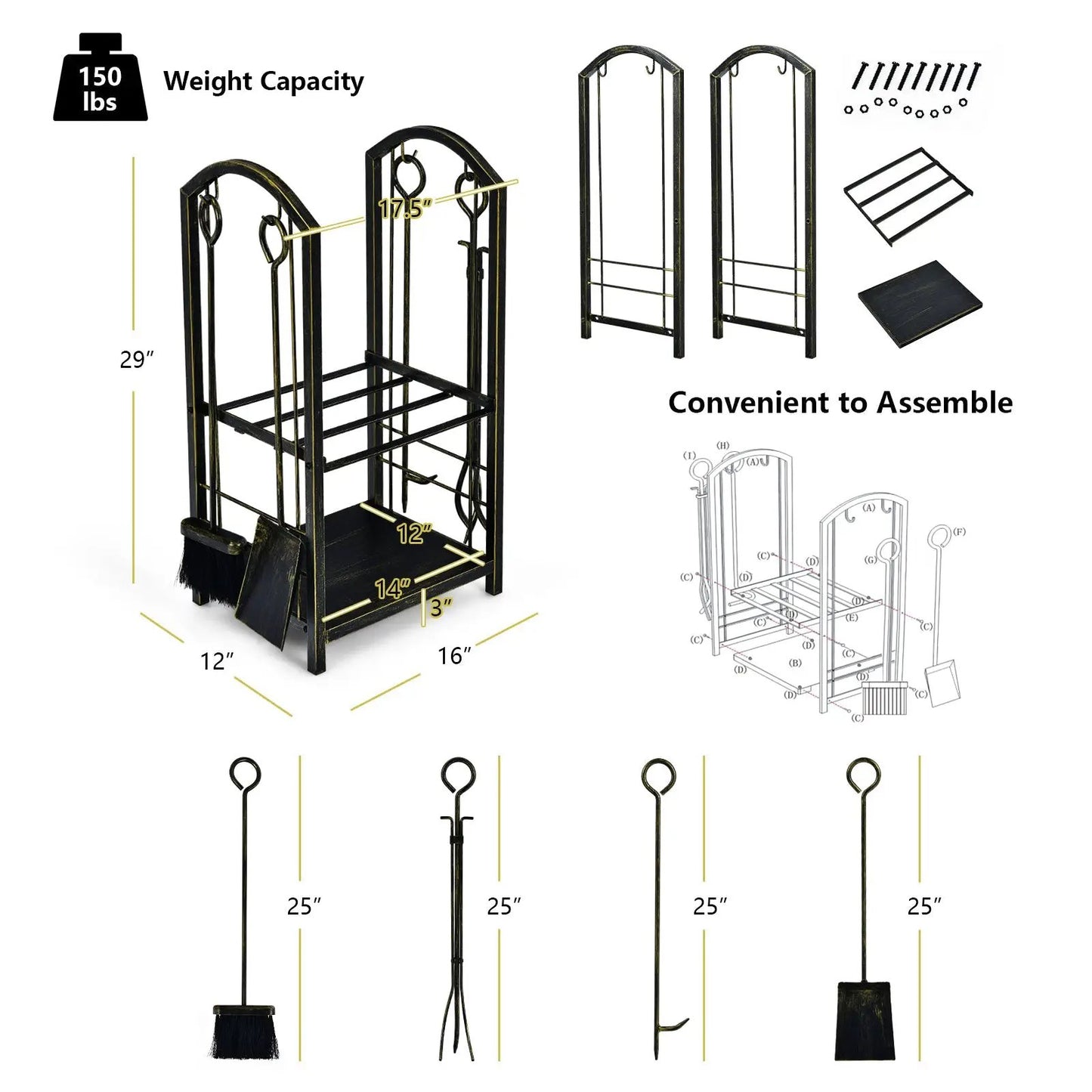 Fireplace Log Rack With Tools Set For Fireside