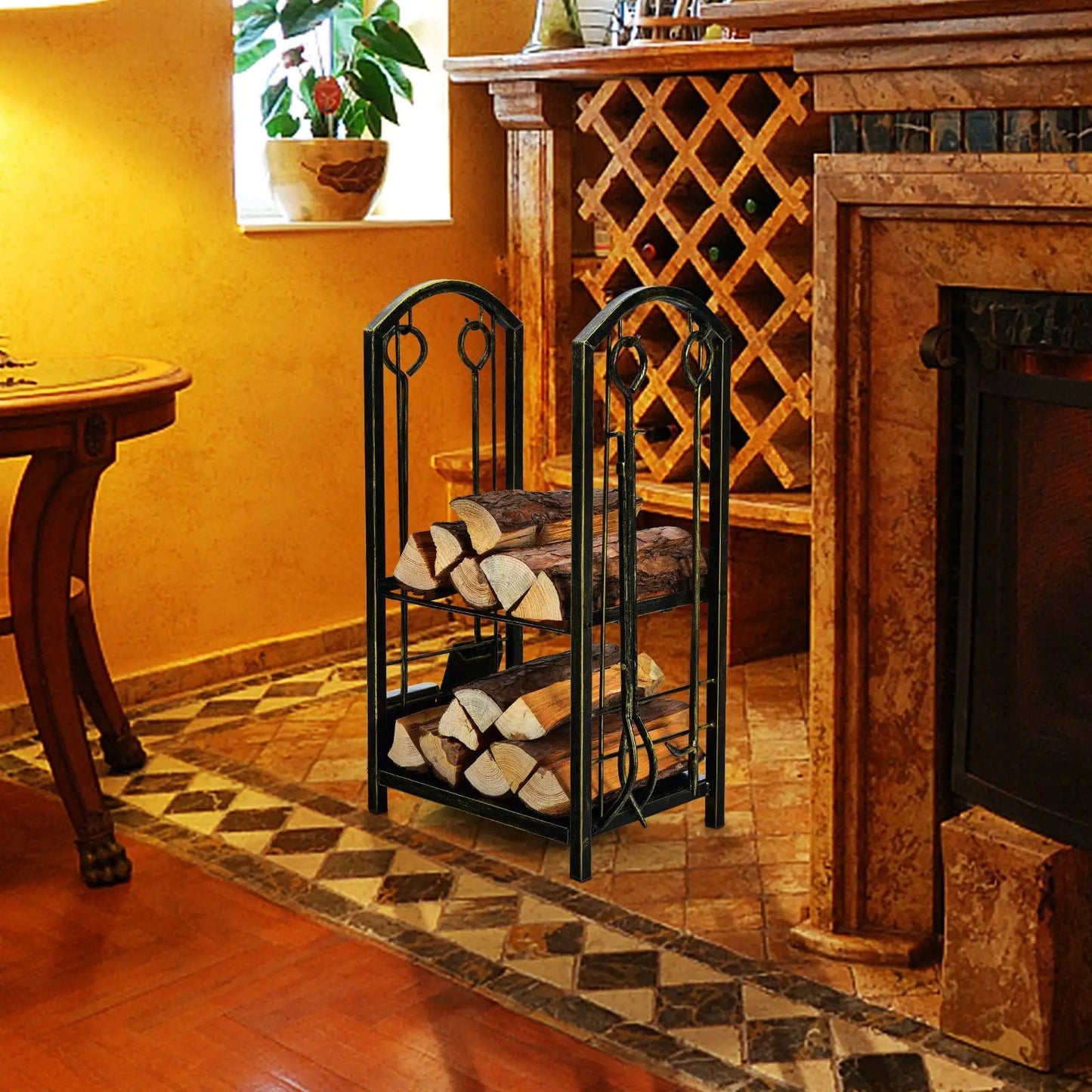 Fireplace Log Rack With Tools Set For Fireside