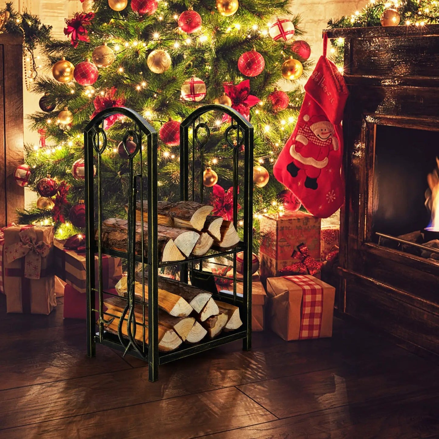 Fireplace Log Rack With Tools Set For Fireside