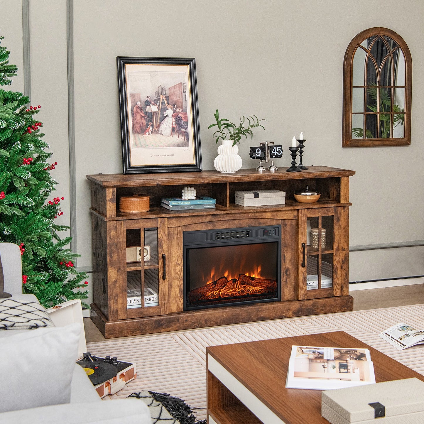 Mueble de TV con chimenea para televisores de hasta 65 pulgadas con gabinetes laterales y control remoto - Marrón