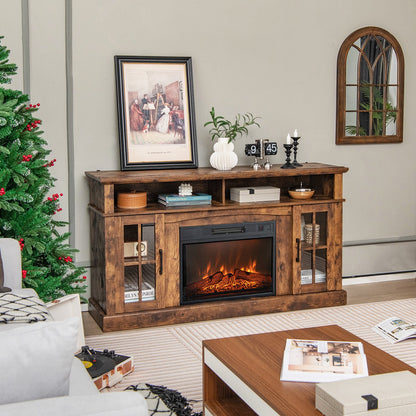 Mueble de TV con chimenea para televisores de hasta 65 pulgadas con gabinetes laterales y control remoto - Marrón