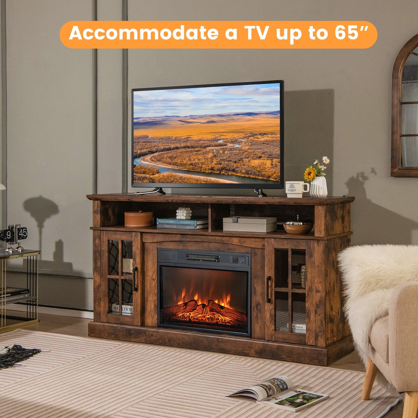 Mueble de TV con chimenea para televisores de hasta 65 pulgadas con gabinetes laterales y control remoto - Marrón